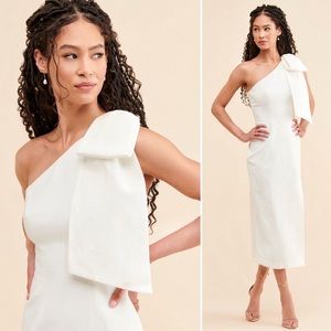 C/MEO Collective Bridal White Bow Sash One Shoulder Midi Dress Small S 4